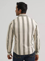 Wrangler 112381538 Mens Retro Premium Stripe Long Sleeve Shirt Olivine back view. If you need any assistance with this item or the purchase of this item please call us at five six one seven four eight eight eight zero one Monday through Saturday 10:00a.m EST to 8:00 p.m EST