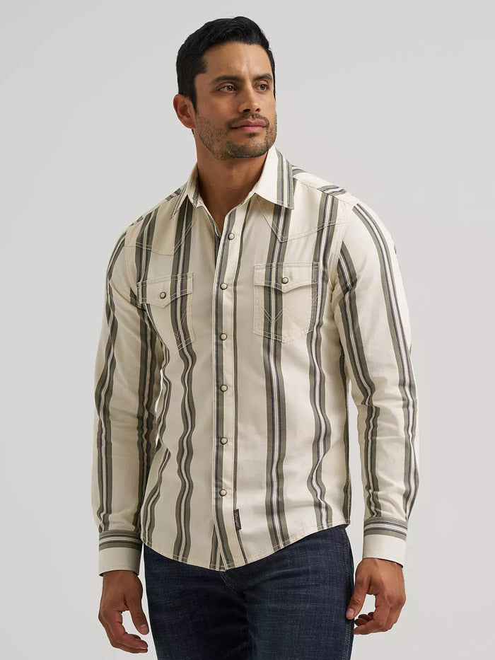 Wrangler 112381538 Mens Retro Premium Stripe Long Sleeve Shirt Olivine front view. If you need any assistance with this item or the purchase of this item please call us at five six one seven four eight eight eight zero one Monday through Saturday 10:00a.m EST to 8:00 p.m EST
