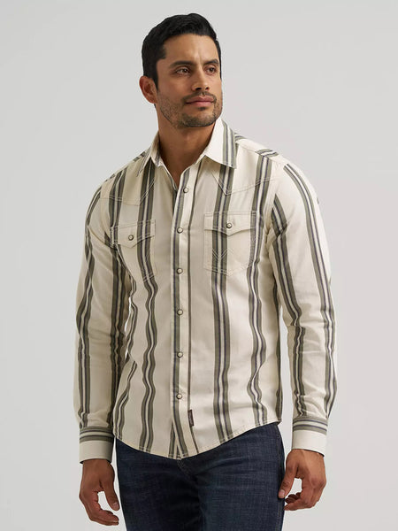 Wrangler 112381538 Mens Retro Premium Stripe Long Sleeve Shirt Olivine front view. If you need any assistance with this item or the purchase of this item please call us at five six one seven four eight eight eight zero one Monday through Saturday 10:00a.m EST to 8:00 p.m EST
