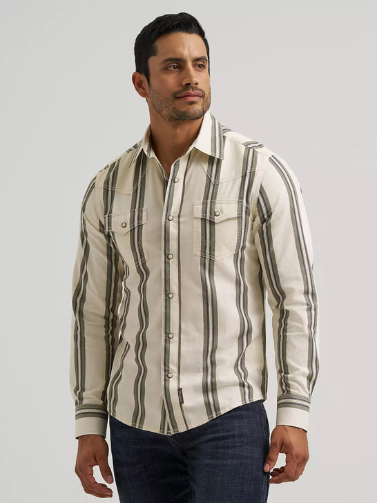Wrangler 112381538 Mens Retro Premium Stripe Long Sleeve Shirt Olivine front view. If you need any assistance with this item or the purchase of this item please call us at five six one seven four eight eight eight zero one Monday through Saturday 10:00a.m EST to 8:00 p.m EST
