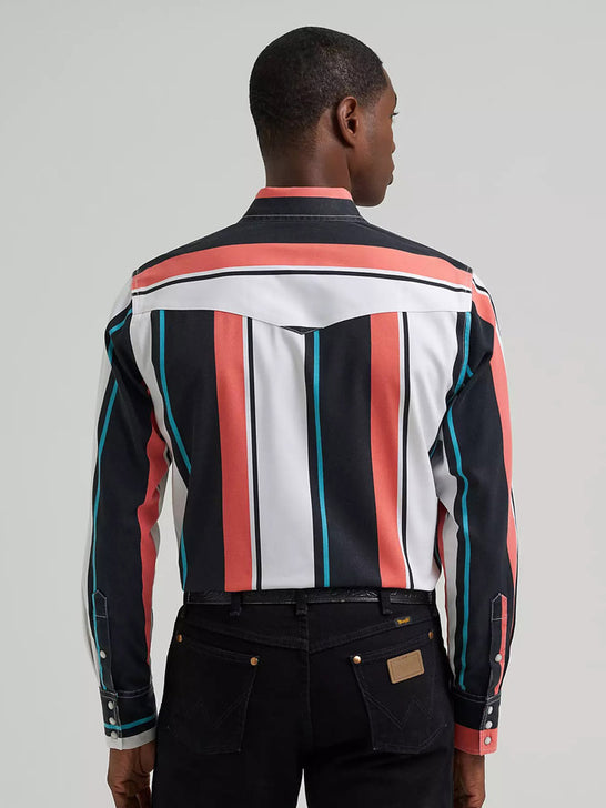 Wrangler 112381997 Mens Vintage Inspired Brushpopper Shirt Burning Coral back view. If you need any assistance with this item or the purchase of this item please call us at five six one seven four eight eight eight zero one Monday through Saturday 10:00a.m EST to 8:00 p.m EST