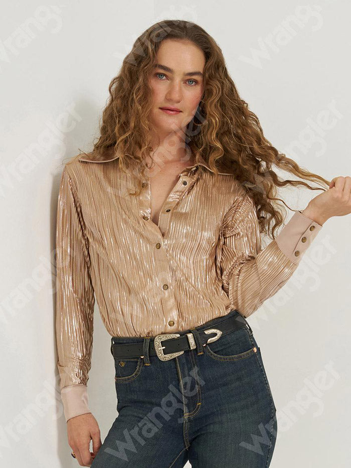 Wrangler 112382814 Womens X Lainey Wilson Snap Shirt Rose Gold front view. If you need any assistance with this item or the purchase of this item please call us at five six one seven four eight eight eight zero one Monday through Saturday 10:00a.m EST to 8:00 p.m EST