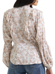 Wrangler 112382881 Womens X Lainey Wilson Snap Ruffle Blouse Natural back view. If you need any assistance with this item or the purchase of this item please call us at five six one seven four eight eight eight zero one Monday through Saturday 10:00a.m EST to 8:00 p.m EST
