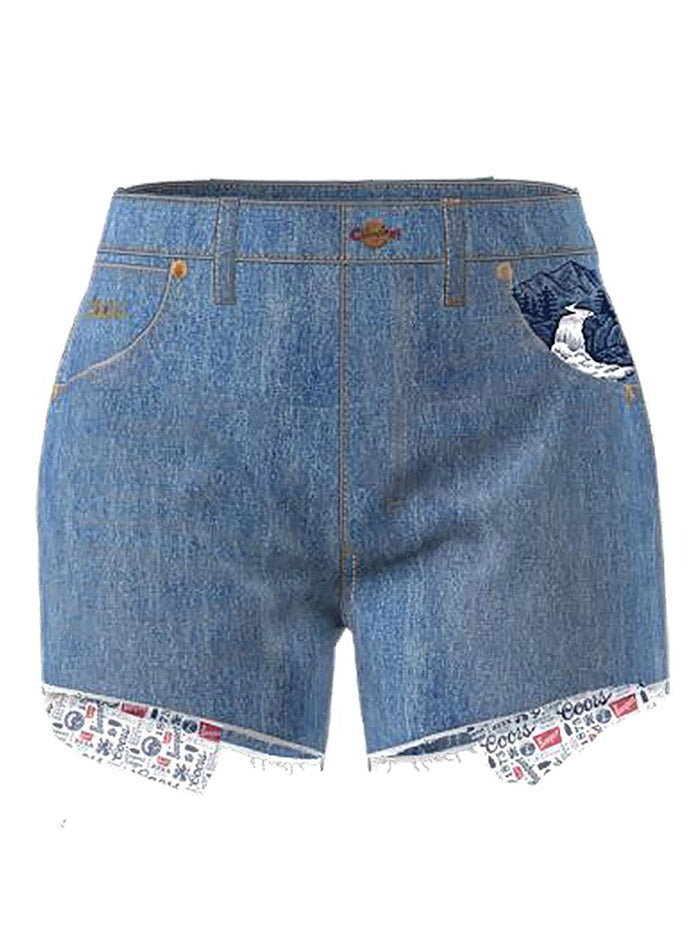 Wrangler 112382895 Womens Coors Reworked Short Beer Wash front view. If you need any assistance with this item or the purchase of this item please call us at five six one seven four eight eight eight zero one Monday through Saturday 10:00a.m EST to 8:00 p.m EST