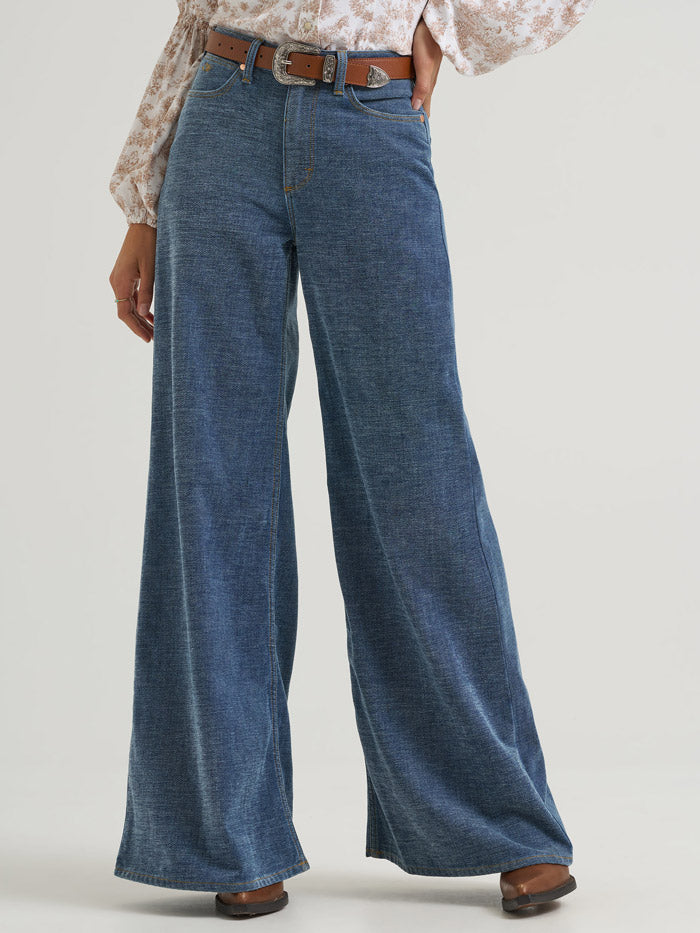 Wrangler 112382902 Womens X Lainey Wilson Cheeky Wide Leg Jean Chenille front view. If you need any assistance with this item or the purchase of this item please call us at five six one seven four eight eight eight zero one Monday through Saturday 10:00a.m EST to 8:00 p.m EST