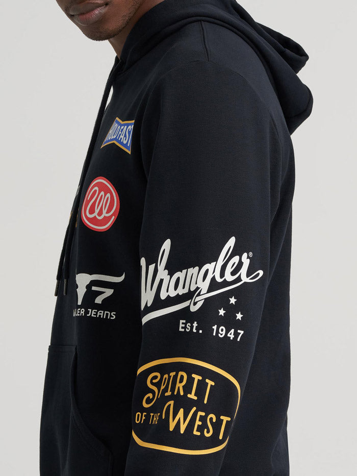 Wrangler 112384025 Mens Icons Relaxed Graphic Pullover Hoodie Black Beauty front view. If you need any assistance with this item or the purchase of this item please call us at five six one seven four eight eight eight zero one Monday through Saturday 10:00a.m EST to 8:00 p.m EST