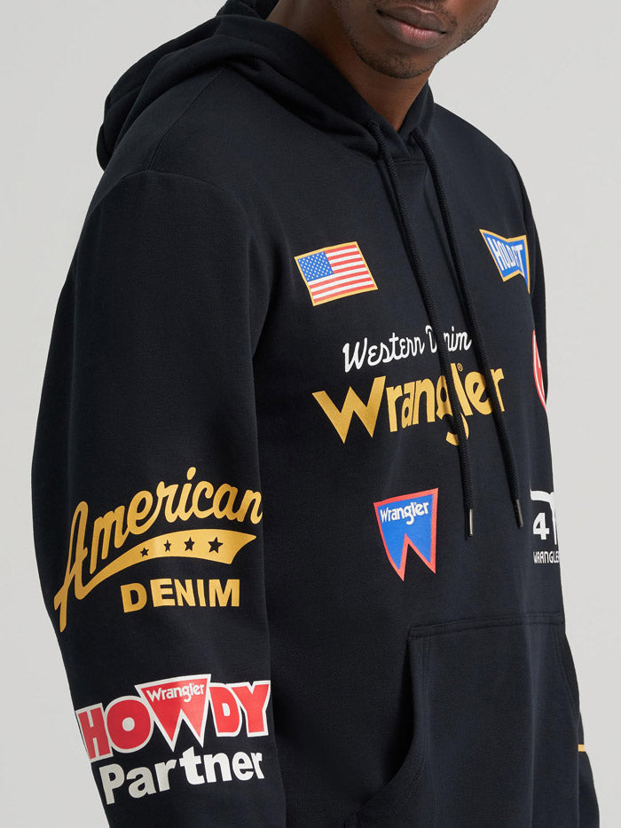 Wrangler 112384025 Mens Icons Relaxed Graphic Pullover Hoodie Black Beauty front view. If you need any assistance with this item or the purchase of this item please call us at five six one seven four eight eight eight zero one Monday through Saturday 10:00a.m EST to 8:00 p.m EST