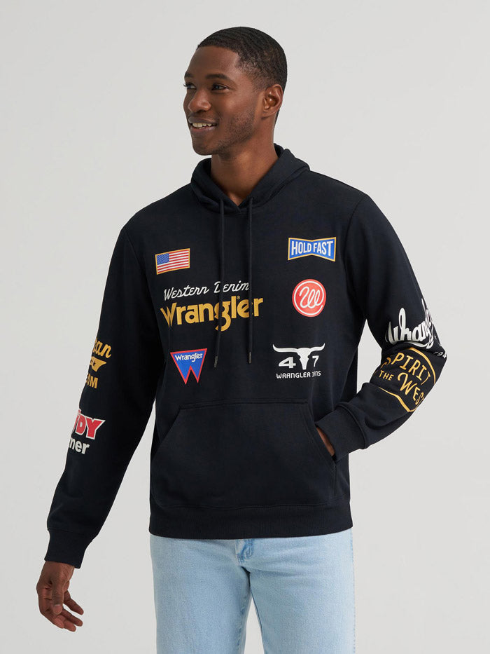 Wrangler 112384025 Mens Icons Relaxed Graphic Pullover Hoodie Black Beauty front view. If you need any assistance with this item or the purchase of this item please call us at five six one seven four eight eight eight zero one Monday through Saturday 10:00a.m EST to 8:00 p.m EST