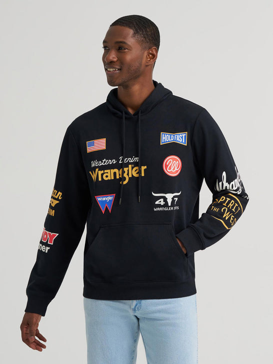 Wrangler 112384025 Mens Icons Relaxed Graphic Pullover Hoodie Black Beauty front view. If you need any assistance with this item or the purchase of this item please call us at five six one seven four eight eight eight zero one Monday through Saturday 10:00a.m EST to 8:00 p.m EST