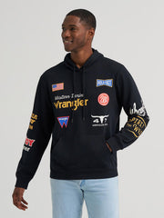 Wrangler 112384025 Mens Icons Relaxed Graphic Pullover Hoodie Black Beauty front view. If you need any assistance with this item or the purchase of this item please call us at five six one seven four eight eight eight zero one Monday through Saturday 10:00a.m EST to 8:00 p.m EST