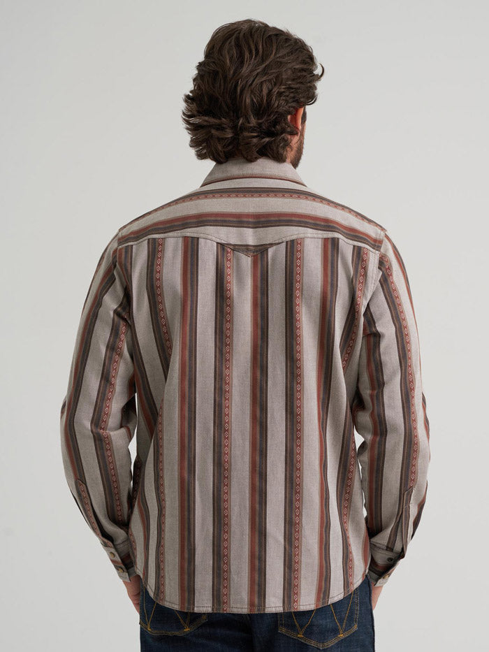 Wrangler 112384768 Mens Retro Premium Stripe Long Sleeve Shirt Brown Sand front view. If you need any assistance with this item or the purchase of this item please call us at five six one seven four eight eight eight zero one Monday through Saturday 10:00a.m EST to 8:00 p.m EST
