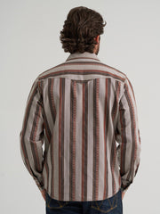 Wrangler 112384768 Mens Retro Premium Stripe Long Sleeve Shirt Brown Sand back view. If you need any assistance with this item or the purchase of this item please call us at five six one seven four eight eight eight zero one Monday through Saturday 10:00a.m EST to 8:00 p.m EST