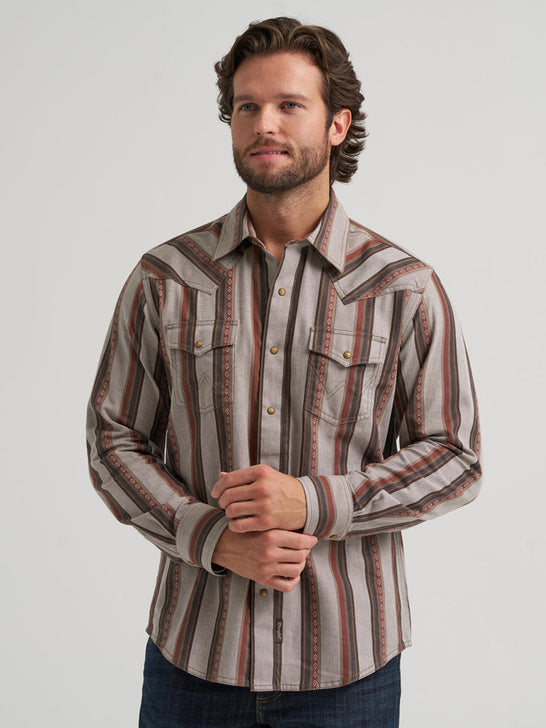 Wrangler 112384768 Mens Retro Premium Stripe Long Sleeve Shirt Brown Sand front view. If you need any assistance with this item or the purchase of this item please call us at five six one seven four eight eight eight zero one Monday through Saturday 10:00a.m EST to 8:00 p.m EST
