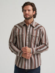 Wrangler 112384768 Mens Retro Premium Stripe Long Sleeve Shirt Brown Sand front view. If you need any assistance with this item or the purchase of this item please call us at five six one seven four eight eight eight zero one Monday through Saturday 10:00a.m EST to 8:00 p.m EST
