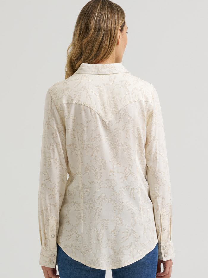 Wrangler 112385413 Womens Retro Americana Western Snap Shirt Cream front view. If you need any assistance with this item or the purchase of this item please call us at five six one seven four eight eight eight zero one Monday through Saturday 10:00a.m EST to 8:00 p.m EST
