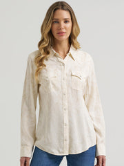 Wrangler 112385413 Womens Retro Americana Western Snap Shirt Cream front view. If you need any assistance with this item or the purchase of this item please call us at five six one seven four eight eight eight zero one Monday through Saturday 10:00a.m EST to 8:00 p.m EST
