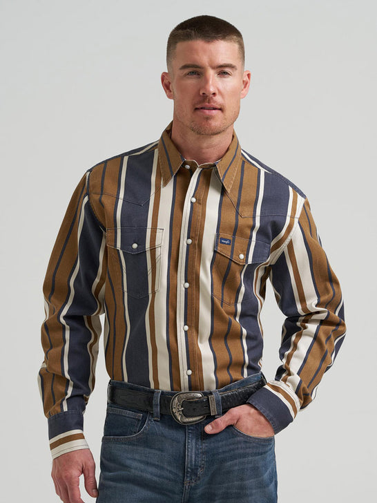 Wrangler 112385789 Mens Vintage Inspired Brushpopper Work Shirt Brown front view. If you need any assistance with this item or the purchase of this item please call us at five six one seven four eight eight eight zero one Monday through Saturday 10:00a.m EST to 8:00 p.m EST
