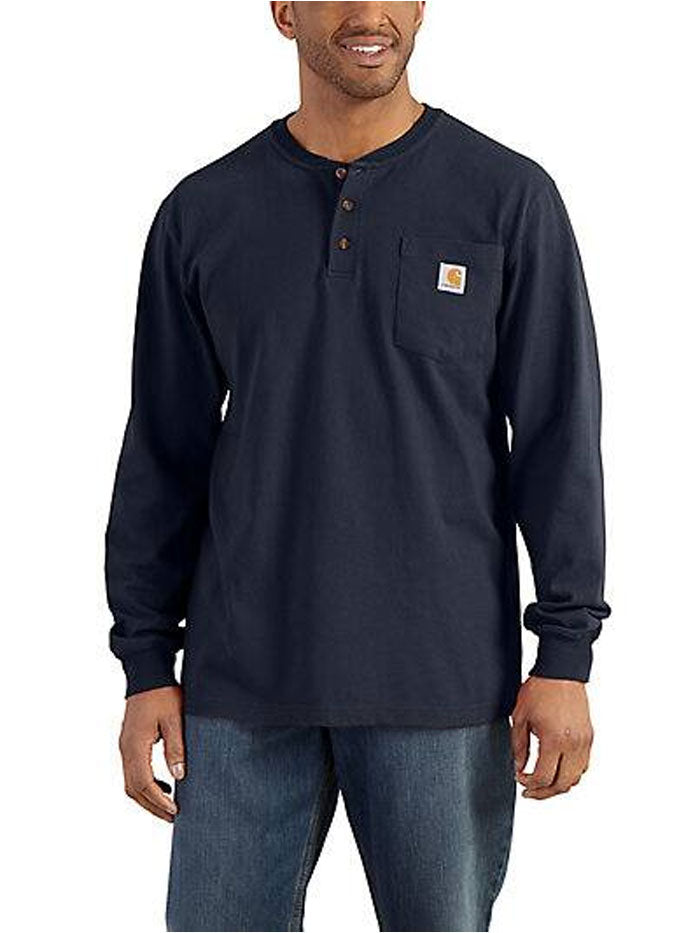 Carhartt K128-NVY Mens Loose Fit Heavyweight Long-Sleeve Pocket Henley T-Shirt Navy front view. If you need any assistance with this item or the purchase of this item please call us at five six one seven four eight eight eight zero one Monday through Saturday 10:00a.m EST to 8:00 p.m EST