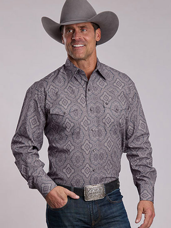 Stetson 11-001-0425-6056 Mens Medallion Paisley Western Shirt Grey front view. If you need any assistance with this item or the purchase of this item please call us at five six one seven four eight eight eight zero one Monday through Saturday 10:00a.m EST to 8:00 p.m EST