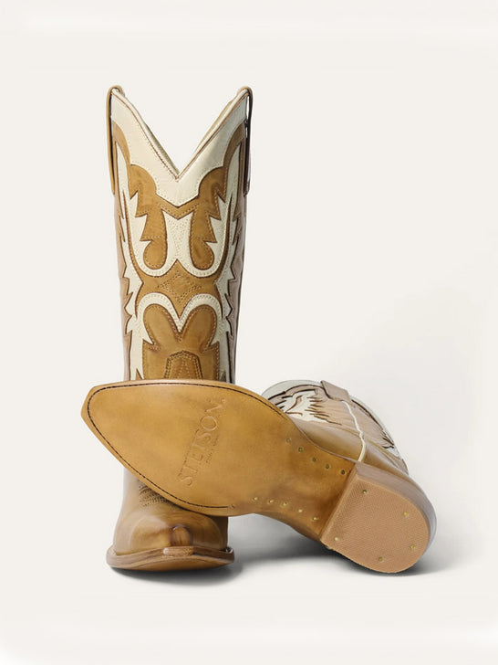 Stetson 12-021-6105-1375 Womens CHEYENNE Fashion Snip Toe Boots Tan front and sole view. If you need any assistance with this item or the purchase of this item please call us at five six one seven four eight eight eight zero one Monday through Saturday 10:00a.m EST to 8:00 p.m EST