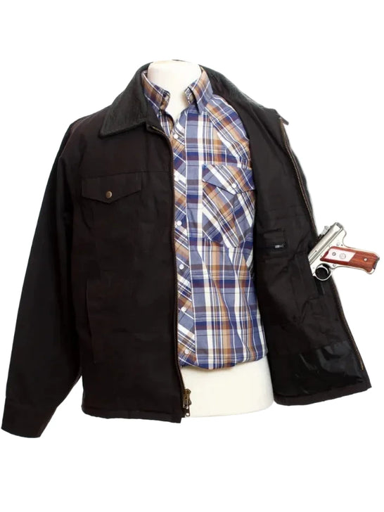 Wyoming Traders OSCCJ-DB Mens Concealed Carry Oil Skin Jacket Dark Brown inside view. If you need any assistance with this item or the purchase of this item please call us at five six one seven four eight eight eight zero one Monday through Saturday 10:00a.m EST to 8:00 p.m EST