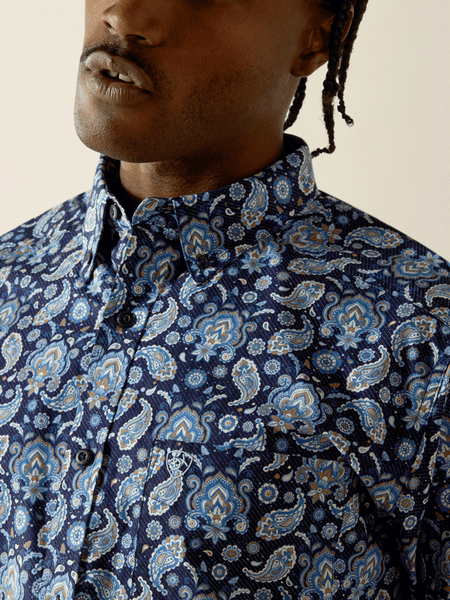 Ariat 10062244 Mens Sergio Fitted Long Sleeve Shirt Dark Blue front close up view. If you need any assistance with this item or the purchase of this item please call us at five six one seven four eight eight eight zero one Monday through Saturday 10:00a.m EST to 8:00 p.m EST