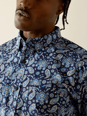 Ariat 10062244 Mens Sergio Fitted Long Sleeve Shirt Dark Blue front close up view. If you need any assistance with this item or the purchase of this item please call us at five six one seven four eight eight eight zero one Monday through Saturday 10:00a.m EST to 8:00 p.m EST