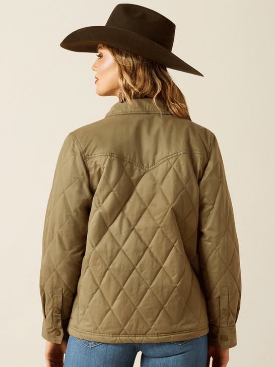 Ariat 10062813 Womens Grizzly Quilted Barn Jacket Dusky Green back view. If you need any assistance with this item or the purchase of this item please call us at five six one seven four eight eight eight zero one Monday through Saturday 10:00a.m EST to 8:00 p.m EST
