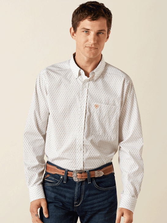 Ariat 10062201 Mens Wrinkle Free Dewitt Long Sleeve Fitted Shirt Cream front view. If you need any assistance with this item or the purchase of this item please call us at five six one seven four eight eight eight zero one Monday through Saturday 10:00a.m EST to 8:00 p.m EST