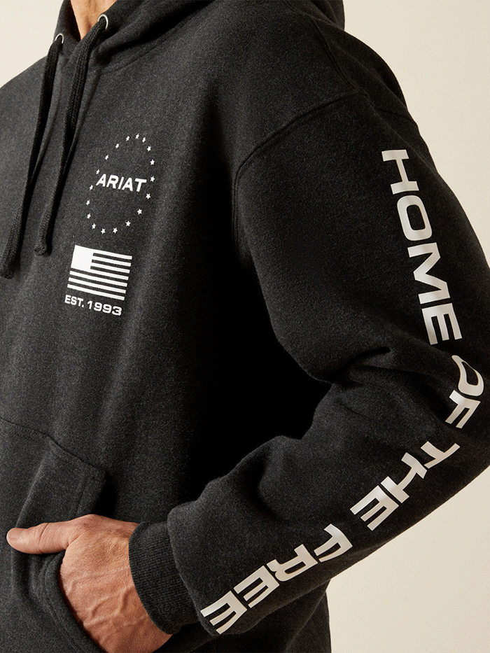 Ariat 10062496 Mens Sponsor Patriot Hoodie Charcoal Heather back view. If you need any assistance with this item or the purchase of this item please call us at five six one seven four eight eight eight zero one Monday through Saturday 10:00a.m EST to 8:00 p.m EST