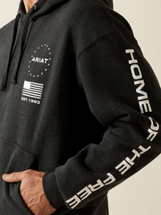 Ariat 10062496 Mens Sponsor Patriot Hoodie Charcoal Heather left side close up. If you need any assistance with this item or the purchase of this item please call us at five six one seven four eight eight eight zero one Monday through Saturday 10:00a.m EST to 8:00 p.m EST