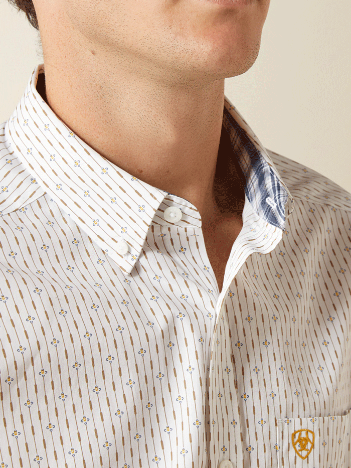 Ariat 10062201 Mens Wrinkle Free Dewitt Long Sleeve Fitted Shirt Cream front view. If you need any assistance with this item or the purchase of this item please call us at five six one seven four eight eight eight zero one Monday through Saturday 10:00a.m EST to 8:00 p.m EST