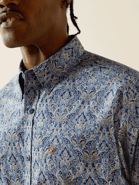 Ariat 10062237 Mens Stoney Classic Fit Shirt Royal Blue front close up.If you need any assistance with this item or the purchase of this item please call us at five six one seven four eight eight eight zero one Monday through Saturday 10:00a.m EST to 8:00 p.m EST