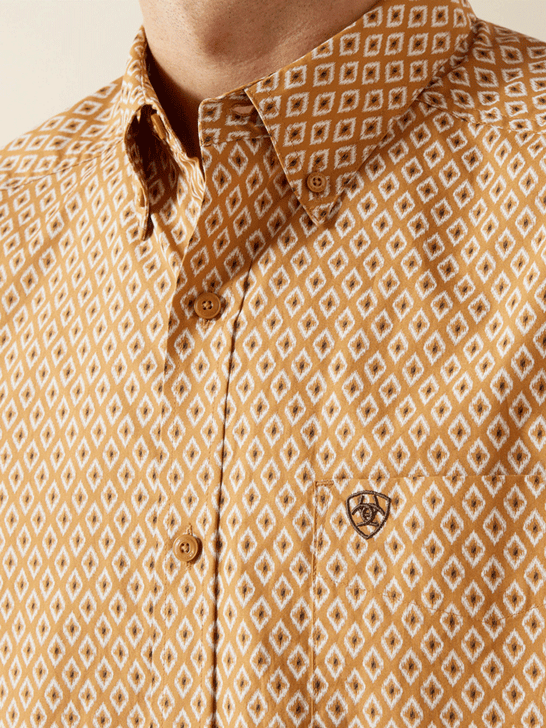 Ariat 10062211 Mens Burnis Classic Fit Long Sleeve Shirt Tan front close up. If you need any assistance with this item or the purchase of this item please call us at five six one seven four eight eight eight zero one Monday through Saturday 10:00a.m EST to 8:00 p.m EST