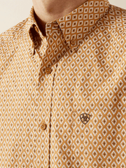 Ariat 10062211 Mens Burnis Classic Fit Long Sleeve Shirt Tan front close up. If you need any assistance with this item or the purchase of this item please call us at five six one seven four eight eight eight zero one Monday through Saturday 10:00a.m EST to 8:00 p.m EST