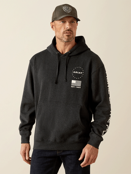 Ariat 10062496 Mens Sponsor Patriot Hoodie Charcoal Heather front view. If you need any assistance with this item or the purchase of this item please call us at five six one seven four eight eight eight zero one Monday through Saturday 10:00a.m EST to 8:00 p.m EST