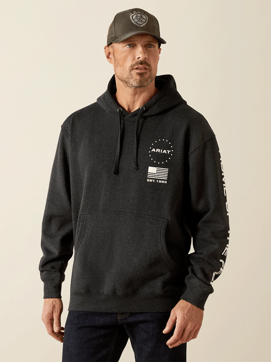 Ariat 10062496 Mens Sponsor Patriot Hoodie Charcoal Heather front view. If you need any assistance with this item or the purchase of this item please call us at five six one seven four eight eight eight zero one Monday through Saturday 10:00a.m EST to 8:00 p.m EST