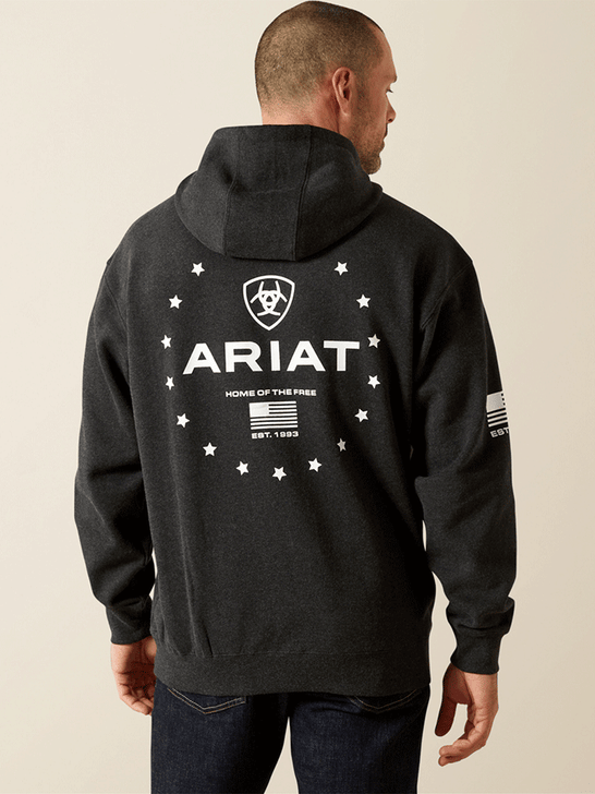 Ariat 10062496 Mens Sponsor Patriot Hoodie Charcoal Heather back view. If you need any assistance with this item or the purchase of this item please call us at five six one seven four eight eight eight zero one Monday through Saturday 10:00a.m EST to 8:00 p.m EST