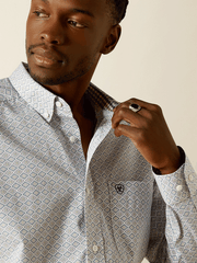 Ariat 10062193 Mens Wrinkle Free Declan Classic Fit Shirt White collar front close up.If you need any assistance with this item or the purchase of this item please call us at five six one seven four eight eight eight zero one Monday through Saturday 10:00a.m EST to 8:00 p.m EST