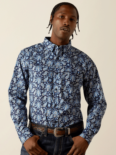Ariat 10062244 Mens Sergio Fitted Long Sleeve Shirt Dark Blue front view. If you need any assistance with this item or the purchase of this item please call us at five six one seven four eight eight eight zero one Monday through Saturday 10:00a.m EST to 8:00 p.m EST