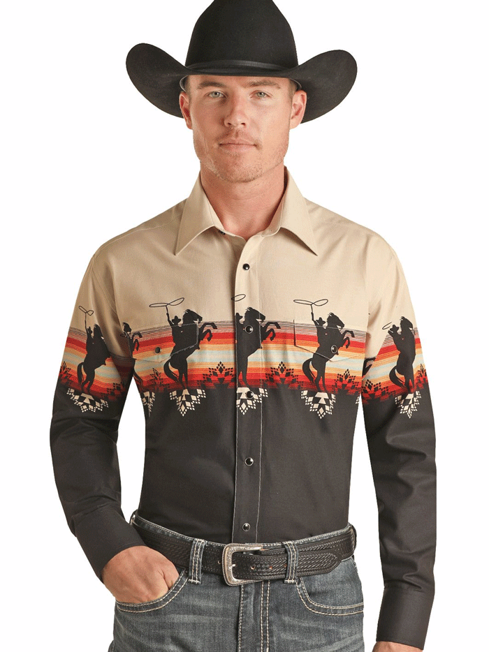 Panhandle SMN2S02644 Mens Bronco Border Snap Shirt Black front view. If you need any assistance with this item or the purchase of this item please call us at five six one seven four eight eight eight zero one Monday through Saturday 10:00a.m EST to 8:00 p.m EST