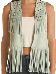 Rock & Roll Denim BW98C03261 Womens Fringe Vest With Studded Yoke Jade Turquoise close up view of  front. If you need any assistance with this item or the purchase of this item please call us at five six one seven four eight eight eight zero one Monday through Saturday 10:00a.m EST to 8:00 p.m EST