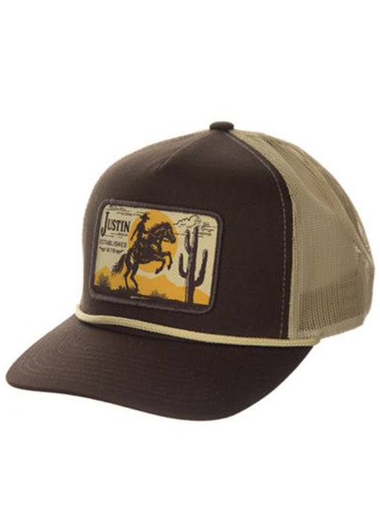 Justin JUS13713 Mesh Back Baseball Cap Chocolate side / front view. If you need any assistance with this item or the purchase of this item please call us at five six one seven four eight eight eight zero one Monday through Saturday 10:00a.m EST to 8:00 p.m EST