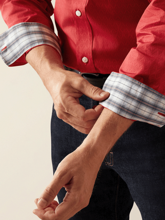 Ariat 10058951 Mens Wrinkle Free Dangelo Classic Fit Shirt Red cuff close up. If you need any assistance with this item or the purchase of this item please call us at five six one seven four eight eight eight zero one Monday through Saturday 10:00a.m EST to 8:00 p.m EST
