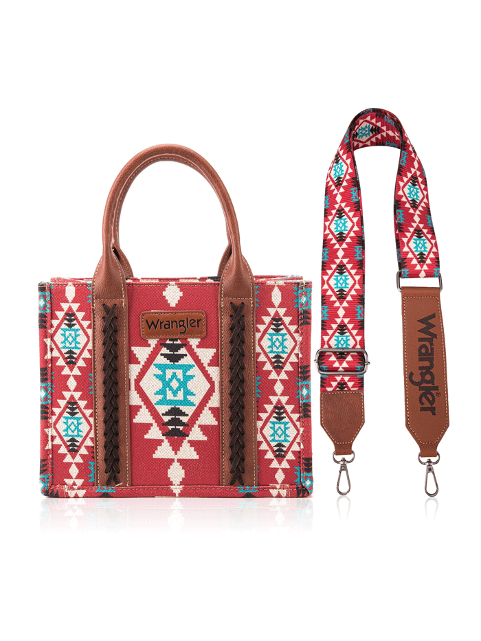 Wrangler WG2203-8120SBDY Womens Southwestern Print Small Canvas Crossbody Tote Burgundy Red front view. If you need any assistance with this item or the purchase of this item please call us at five six one seven four eight eight eight zero one Monday through Saturday 10:00a.m EST to 8:00 p.m EST

