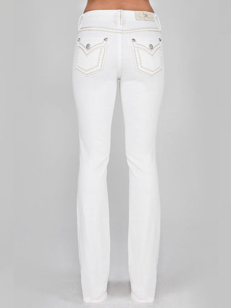Miss Me M5014B400 Womens Mid-Rise Boot Jean White back view. If you need any assistance with this item or the purchase of this item please call us at five six one seven four eight eight eight zero one Monday through Saturday 10:00a.m EST to 8:00 p.m EST