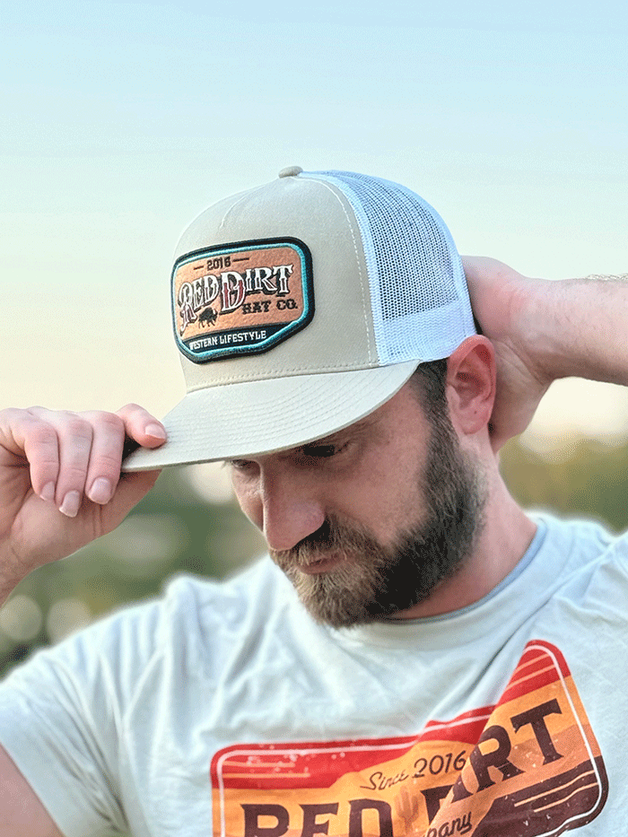 Red Dirt RDHC-484 LIFESTYLE Trucker Cap White Khaki front view. If you need any assistance with this item or the purchase of this item please call us at five six one seven four eight eight eight zero one Monday through Saturday 10:00a.m EST to 8:00 p.m EST