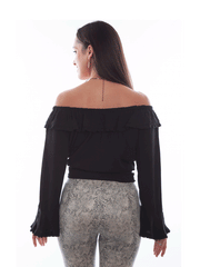 Scully HC579-BLK Womens Off The Shoulder Top Black back view with knot tied at waist. If you need any assistance with this item or the purchase of this item please call us at five six one seven four eight eight eight zero one Monday through Saturday 10:00a.m EST to 8:00 p.m EST