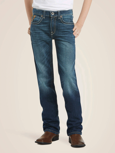 Ariat 10018338 Kids B5 Slim Boundary Stackable Straight Leg Jean Cyclone Navy front view. If you need any assistance with this item or the purchase of this item please call us at five six one seven four eight eight eight zero one Monday through Saturday 10:00a.m EST to 8:00 p.m EST