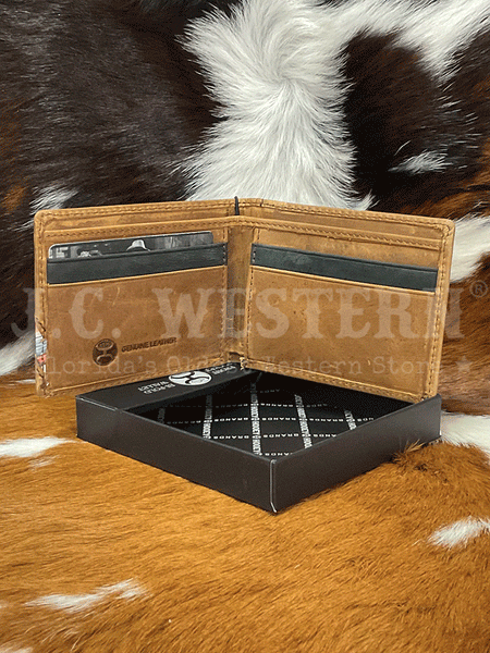 Hooey HBF013-TNSP Mens Nomad Laser Cut Hands-Up Bi-Fold Wallet Brown inside view. If you need any assistance with this item or the purchase of this item please call us at five six one seven four eight eight eight zero one Monday through Saturday 10:00a.m EST to 8:00 p.m EST